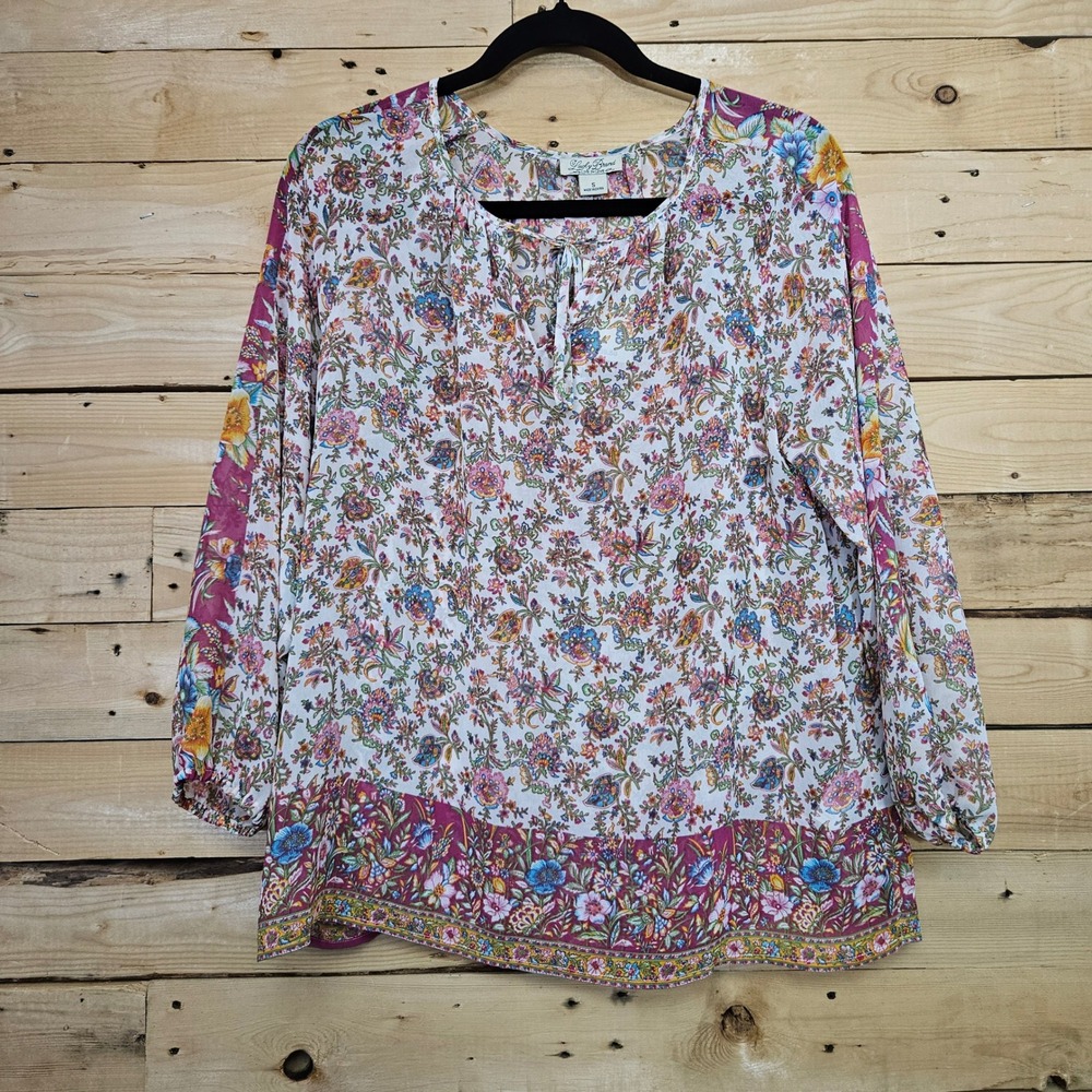 Lucky Brand Floral Print Split Neck Peasant Blouse Pink Small